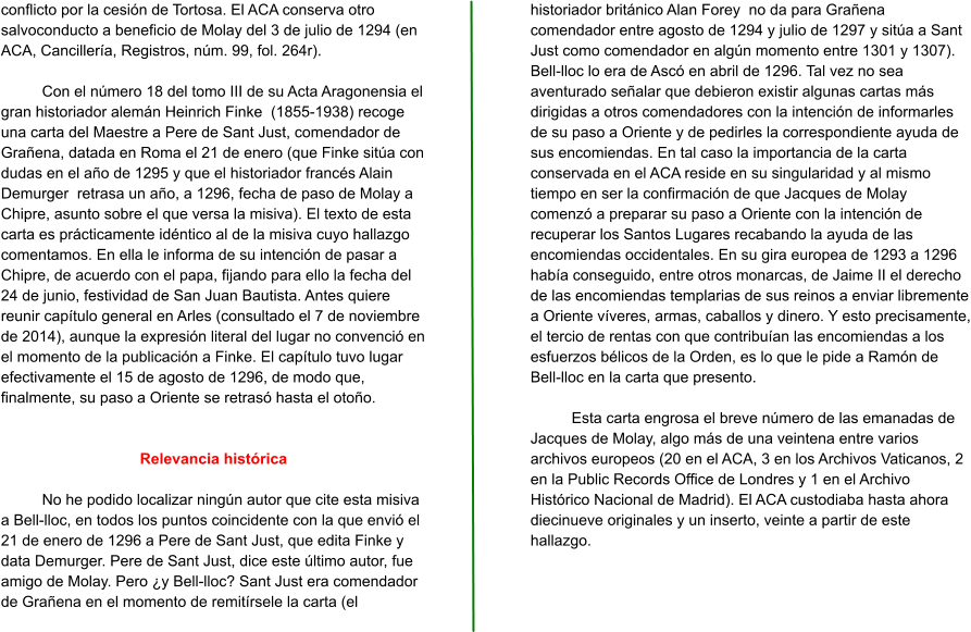 conflicto por la cesión de Tortosa. El ACA conserva otro salvoconducto a beneficio de Molay del 3 de julio de 1294 (en ACA, Cancillería, Registros, núm. 99, fol. 264r).  Con el número 18 del tomo III de su Acta Aragonensia el gran historiador alemán Heinrich Finke  (1855-1938) recoge una carta del Maestre a Pere de Sant Just, comendador de Grañena, datada en Roma el 21 de enero (que Finke sitúa con dudas en el año de 1295 y que el historiador francés Alain Demurger  retrasa un año, a 1296, fecha de paso de Molay a Chipre, asunto sobre el que versa la misiva). El texto de esta carta es prácticamente idéntico al de la misiva cuyo hallazgo comentamos. En ella le informa de su intención de pasar a Chipre, de acuerdo con el papa, fijando para ello la fecha del 24 de junio, festividad de San Juan Bautista. Antes quiere reunir capítulo general en Arles (consultado el 7 de noviembre de 2014), aunque la expresión literal del lugar no convenció en el momento de la publicación a Finke. El capítulo tuvo lugar efectivamente el 15 de agosto de 1296, de modo que, finalmente, su paso a Oriente se retrasó hasta el otoño.   Relevancia histórica  No he podido localizar ningún autor que cite esta misiva a Bell-lloc, en todos los puntos coincidente con la que envió el 21 de enero de 1296 a Pere de Sant Just, que edita Finke y data Demurger. Pere de Sant Just, dice este último autor, fue amigo de Molay. Pero ¿y Bell-lloc? Sant Just era comendador de Grañena en el momento de remitírsele la carta (el historiador británico Alan Forey  no da para Grañena comendador entre agosto de 1294 y julio de 1297 y sitúa a Sant Just como comendador en algún momento entre 1301 y 1307). Bell-lloc lo era de Ascó en abril de 1296. Tal vez no sea aventurado señalar que debieron existir algunas cartas más dirigidas a otros comendadores con la intención de informarles de su paso a Oriente y de pedirles la correspondiente ayuda de sus encomiendas. En tal caso la importancia de la carta conservada en el ACA reside en su singularidad y al mismo tiempo en ser la confirmación de que Jacques de Molay comenzó a preparar su paso a Oriente con la intención de recuperar los Santos Lugares recabando la ayuda de las encomiendas occidentales. En su gira europea de 1293 a 1296 había conseguido, entre otros monarcas, de Jaime II el derecho de las encomiendas templarias de sus reinos a enviar libremente a Oriente víveres, armas, caballos y dinero. Y esto precisamente, el tercio de rentas con que contribuían las encomiendas a los esfuerzos bélicos de la Orden, es lo que le pide a Ramón de Bell-lloc en la carta que presento.  Esta carta engrosa el breve número de las emanadas de Jacques de Molay, algo más de una veintena entre varios archivos europeos (20 en el ACA, 3 en los Archivos Vaticanos, 2 en la Public Records Office de Londres y 1 en el Archivo Histórico Nacional de Madrid). El ACA custodiaba hasta ahora diecinueve originales y un inserto, veinte a partir de este hallazgo.