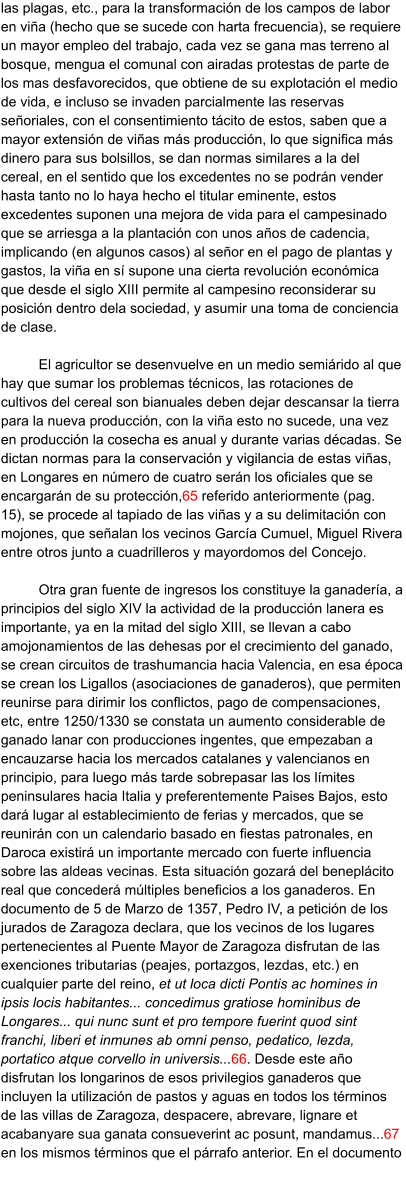 las plagas, etc., para la transformación de los campos de labor en viña (hecho que se sucede con harta frecuencia), se requiere un mayor empleo del trabajo, cada vez se gana mas terreno al bosque, mengua el comunal con airadas protestas de parte de los mas desfavorecidos, que obtiene de su explotación el medio de vida, e incluso se invaden parcialmente las reservas señoriales, con el consentimiento tácito de estos, saben que a mayor extensión de viñas más producción, lo que significa más dinero para sus bolsillos, se dan normas similares a la del cereal, en el sentido que los excedentes no se podrán vender hasta tanto no lo haya hecho el titular eminente, estos excedentes suponen una mejora de vida para el campesinado que se arriesga a la plantación con unos años de cadencia, implicando (en algunos casos) al señor en el pago de plantas y gastos, la viña en sí supone una cierta revolución económica que desde el siglo XIII permite al campesino reconsiderar su posición dentro dela sociedad, y asumir una toma de conciencia de clase.  El agricultor se desenvuelve en un medio semiárido al que hay que sumar los problemas técnicos, las rotaciones de cultivos del cereal son bianuales deben dejar descansar la tierra para la nueva producción, con la viña esto no sucede, una vez en producción la cosecha es anual y durante varias décadas. Se dictan normas para la conservación y vigilancia de estas viñas, en Longares en número de cuatro serán los oficiales que se encargarán de su protección,65 referido anteriormente (pag. 15), se procede al tapiado de las viñas y a su delimitación con mojones, que señalan los vecinos García Cumuel, Miguel Rivera entre otros junto a cuadrilleros y mayordomos del Concejo.  Otra gran fuente de ingresos los constituye la ganadería, a principios del siglo XIV la actividad de la producción lanera es importante, ya en la mitad del siglo XIII, se llevan a cabo amojonamientos de las dehesas por el crecimiento del ganado, se crean circuitos de trashumancia hacia Valencia, en esa época se crean los Ligallos (asociaciones de ganaderos), que permiten reunirse para dirimir los conflictos, pago de compensaciones, etc, entre 1250/1330 se constata un aumento considerable de ganado lanar con producciones ingentes, que empezaban a encauzarse hacia los mercados catalanes y valencianos en principio, para luego más tarde sobrepasar las los límites peninsulares hacia Italia y preferentemente Paises Bajos, esto dará lugar al establecimiento de ferias y mercados, que se reunirán con un calendario basado en fiestas patronales, en Daroca existirá un importante mercado con fuerte influencia sobre las aldeas vecinas. Esta situación gozará del beneplácito real que concederá múltiples beneficios a los ganaderos. En documento de 5 de Marzo de 1357, Pedro IV, a petición de los jurados de Zaragoza declara, que los vecinos de los lugares pertenecientes al Puente Mayor de Zaragoza disfrutan de las exenciones tributarias (peajes, portazgos, lezdas, etc.) en cualquier parte del reino, et ut loca dicti Pontis ac homines in ipsis locis habitantes... concedimus gratiose hominibus de Longares... qui nunc sunt et pro tempore fuerint quod sint franchi, liberi et inmunes ab omni penso, pedatico, lezda, portatico atque corvello in universis...66. Desde este año disfrutan los longarinos de esos privilegios ganaderos que incluyen la utilización de pastos y aguas en todos los términos de las villas de Zaragoza, despacere, abrevare, lignare et acabanyare sua ganata consueverint ac posunt, mandamus...67 en los mismos términos que el párrafo anterior. En el documento