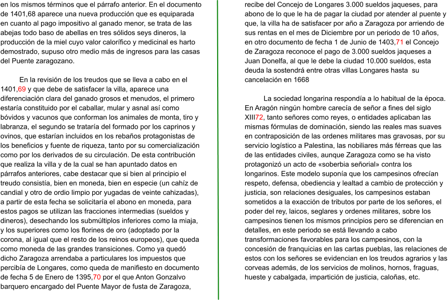 en los mismos términos que el párrafo anterior. En el documento de 1401,68 aparece una nueva producción que es equiparada en cuanto al pago impositivo al ganado menor, se trata de las abejas todo baso de abellas en tres sólidos seys dineros, la producción de la miel cuyo valor calorífico y medicinal es harto demostrado, supuso otro medio más de ingresos para las casas del Puente zaragozano.   En la revisión de los treudos que se lleva a cabo en el 1401,69 y que debe de satisfacer la villa, aparece una diferenciación clara del ganado grosos et menudos, el primero estaría constituido por el caballar, mular y asnal así como bóvidos y vacunos que conforman los animales de monta, tiro y labranza, el segundo se trataría del formado por los caprinos y ovinos, que estarían incluidos en los rebaños protagonistas de los beneficios y fuente de riqueza, tanto por su comercialización como por los derivados de su circulación. De esta contribución que realiza la villa y de la cual se han apuntado datos en párrafos anteriores, cabe destacar que si bien al principio el treudo consistía, bien en moneda, bien en especie (un cahíz de candial y otro de ordio limpio por yugadas de veinte cahizadas), a partir de esta fecha se solicitaría el abono en moneda, para estos pagos se utilizan las fracciones intermedias (sueldos y dineros), desechando los submúltiplos inferiores como la miaja, y los superiores como los florines de oro (adoptado por la corona, al igual que el resto de los reinos europeos), que queda como moneda de las grandes transiciones. Como ya quedó dicho Zaragoza arrendaba a particulares los impuestos que percibía de Longares, como queda de manifiesto en documento de fecha 5 de Enero de 1395,70 por el que Anton Gonzalvo barquero encargado del Puente Mayor de fusta de Zaragoza, recibe del Concejo de Longares 3.000 sueldos jaqueses, para abono de lo que le ha de pagar la ciudad por atender al puente y que, la villa ha de satisfacer por año a Zaragoza por arriendo de sus rentas en el mes de Diciembre por un periodo de 10 años, en otro documento de fecha 1 de Junio de 1403,71 el Concejo de Zaragoza reconoce el pago de 3.000 sueldos jaqueses a Juan Donelfa, al que le debe la ciudad 10.000 sueldos, esta deuda la sostendrá entre otras villas Longares hasta  su cancelación en 1668  La sociedad longarina respondía a lo habitual de la época. En Aragón ningún hombre carecía de señor a fines del siglo XIII72, tanto señores como reyes, o entidades aplicaban las mismas fórmulas de dominación, siendo las reales mas suaves en contraposición de las ordenes militares mas gravosas, por su servicio logístico a Palestina, las nobiliares más férreas que las de las entidades civiles, aunque Zaragoza como se ha visto protagonizó un acto de «soberbia señorial» contra los longarinos. Este modelo suponía que los campesinos ofrecían respeto, defensa, obediencia y lealtad a cambio de protección y justicia, son relaciones desiguales, los campesinos estaban sometidos a la exacción de tributos por parte de los señores, el poder del rey, laicos, seglares y ordenes militares, sobre los campesinos tienen los mismos principios pero se diferencian en detalles, en este periodo se está llevando a cabo transformaciones favorables para los campesinos, con la concesión de franquicias en las cartas pueblas, las relaciones de estos con los señores se evidencian en los treudos agrarios y las corveas además, de los servicios de molinos, hornos, fraguas, hueste y cabalgada, impartición de justicia, caloñas, etc.