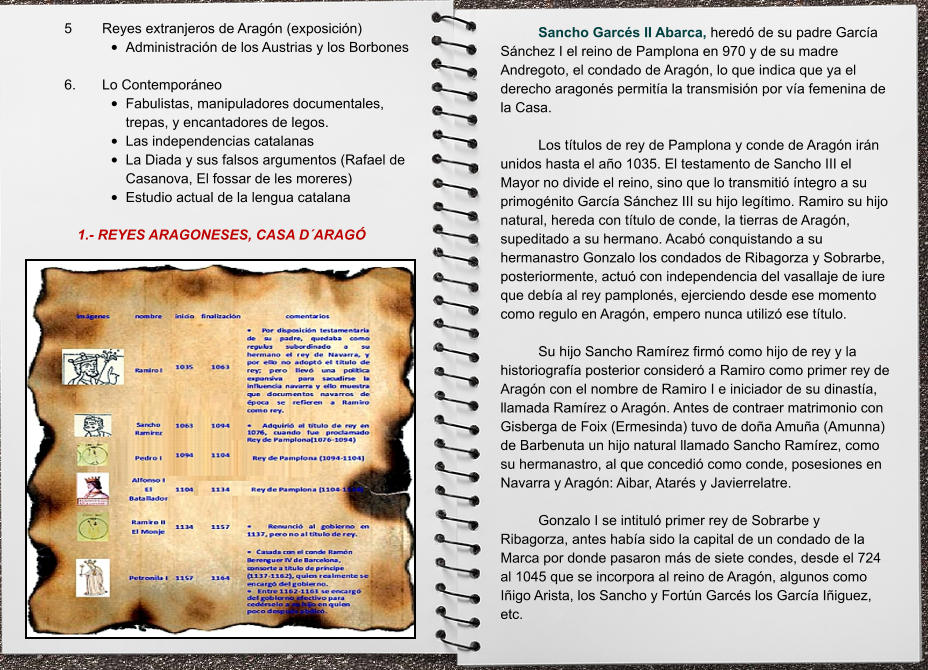 Sancho Garcés II Abarca, heredó de su padre García Sánchez I el reino de Pamplona en 970 y de su madre Andregoto, el condado de Aragón, lo que indica que ya el derecho aragonés permitía la transmisión por vía femenina de la Casa.  Los títulos de rey de Pamplona y conde de Aragón irán unidos hasta el año 1035. El testamento de Sancho III el Mayor no divide el reino, sino que lo transmitió íntegro a su primogénito García Sánchez III su hijo legítimo. Ramiro su hijo natural, hereda con título de conde, la tierras de Aragón, supeditado a su hermano. Acabó conquistando a su hermanastro Gonzalo los condados de Ribagorza y Sobrarbe, posteriormente, actuó con independencia del vasallaje de iure que debía al rey pamplonés, ejerciendo desde ese momento como regulo en Aragón, empero nunca utilizó ese título.   Su hijo Sancho Ramírez firmó como hijo de rey y la historiografía posterior consideró a Ramiro como primer rey de Aragón con el nombre de Ramiro I e iniciador de su dinastía, llamada Ramírez o Aragón. Antes de contraer matrimonio con Gisberga de Foix (Ermesinda) tuvo de doña Amuña (Amunna) de Barbenuta un hijo natural llamado Sancho Ramírez, como su hermanastro, al que concedió como conde, posesiones en Navarra y Aragón: Aibar, Atarés y Javierrelatre.   Gonzalo I se intituló primer rey de Sobrarbe y Ribagorza, antes había sido la capital de un condado de la Marca por donde pasaron más de siete condes, desde el 724 al 1045 que se incorpora al reino de Aragón, algunos como Iñigo Arista, los Sancho y Fortún Garcés los García Iñiguez, etc.  5	Reyes extranjeros de Aragón (exposición) •	Administración de los Austrias y los Borbones  6.	Lo Contemporáneo •	Fabulistas, manipuladores documentales, trepas, y encantadores de legos. •	Las independencias catalanas •	La Diada y sus falsos argumentos (Rafael de Casanova, El fossar de les moreres) •	Estudio actual de la lengua catalana  1.- REYES ARAGONESES, CASA D´ARAGÓ